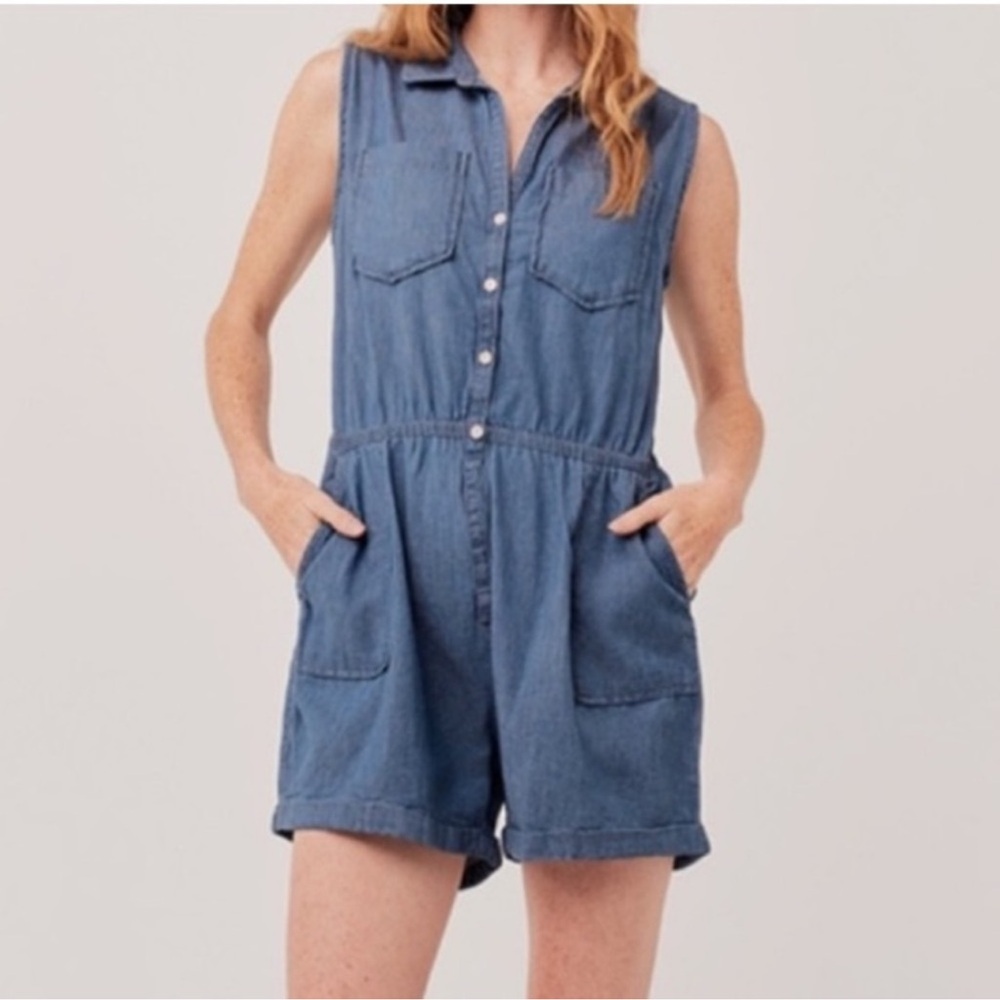 Pact Women’s Romper Size Large Denim Chambray Organic Cotton Blue Natural A17